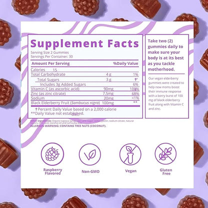 Baby Blues Berry Boost Elderberry Gummies for Moms - Immune Support with Zinc & Vitamin C Non-GMO Vegan and Gluten Free (60 Pieces)