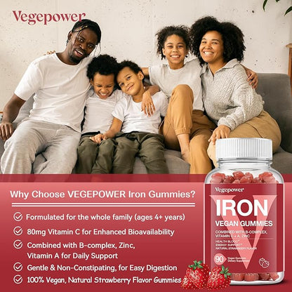Iron Gummies Supplements for Women & Kids - Multivitamin with Iron Gummy for Blood Oxygen, Great Tasting Gummies with Vitamin C for Max Absorption, Vegan Chewable(180 Count, Strawberry)