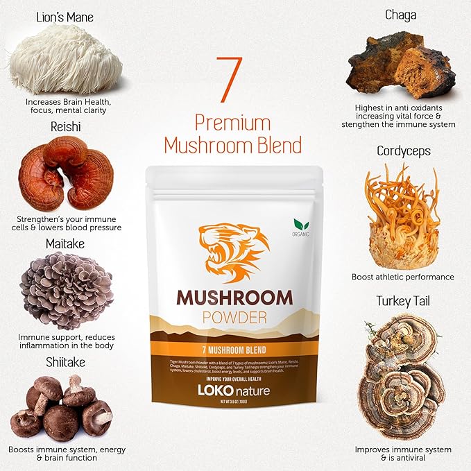 Tiger 7 Mushroom Powder Extract - 3.5oz (100g) Blend | Natural Ingredients - Lions Mane, Turkey Tail, Maitake, Shiitake, Reishi, Chaga & Cordyceps | Gluten-Free, Vegan, Dairy-Free