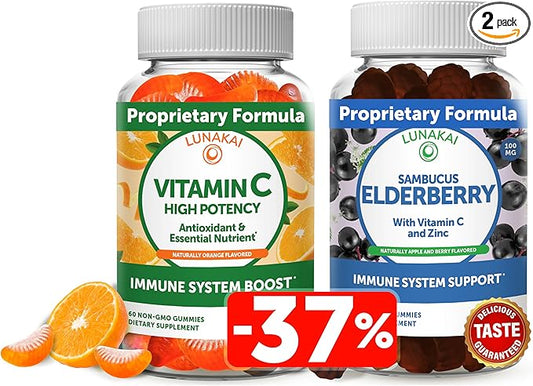 Lunakai Vitamin C and Elderberry Gummies Bundle for Adults and Kids - Organic VIT C Vegan Chewable Gummy Vitamins - Immune Support - Vegan, Non-GMO, No Corn Syrup, Gelatin Free, All Natural