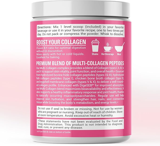 Multi Collagen Protein Powder, Type I, II, III, V, X - 5 Hydrolyzed Collagen Peptides, Skin, Hair, Nails & Joints, Triple Refined for Easy Mixing, 99% Absorption Rate, Non-GMO, Gluten-Free, Unflavored