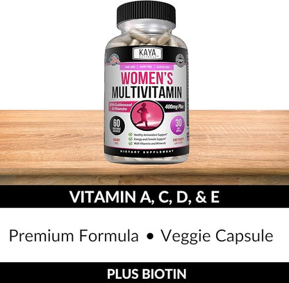 Kaya Naturals Women's Multivitamin, Overall Healthy Antioxidant, and Immune Support, Vitamins A, D, C, E, Biotin, Folic Acid, & Multi-Mineral, Energy & Metabolism Vitamin Supplement 60 Count