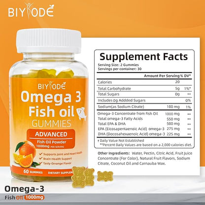 Omega-3 Fish Oil Supplements: Pure 1000mg Omega-3 Gummies Support Heart Joint Eye Brain Immune Health 60 Gummies 30 Day Supply