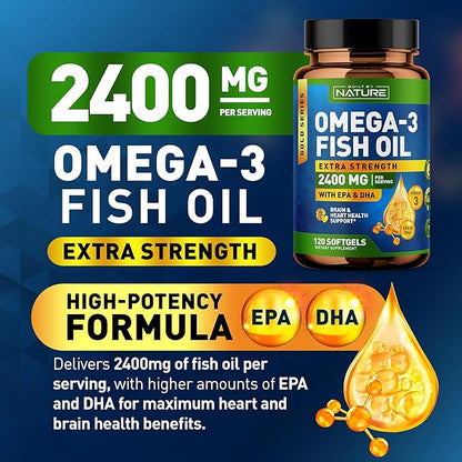 Built by Nature Omega 3 Fish Oil Soft Gels - 2400 mg Fish Oil, 1440 mg Omega 3, 864 mg EPA, 576 mg DHA - Extra Strength Brain & Heart Health Support Supplement - 120 Softgels