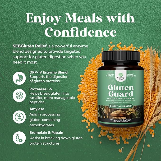 Fast Acting Gluten Pills for Intolerance - GlutenGuard Gluten Enzyme Complex with Powerful DPP IV Blend Plus Lipase Amylase Bromelain Digestive Enzymes for Complete Digestive Support - 30 Servings