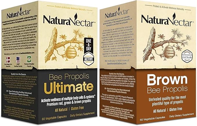 NaturaNectar Natural Bee Propolis Bundle – Bee Propolis Ultimate and Brown Bee Propolis - for Immune, Cardiovascular, and Respiratory Systems Support - 60 Capsules per Bottle