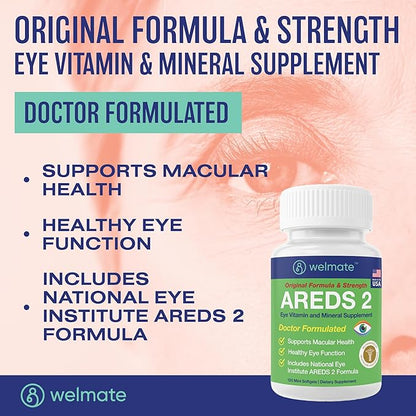 WELMATE - AREDS 2 (60 Servings) - Eye Vitamin and Mineral Supplement - Vitamin C, Zinc, Lutein, Zeaxanthin - Macular Health - Doctor Formulated & Tested - Eye Care - Gluten Free - 120 Mini Softgels