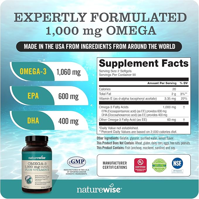 NatureWise 1000mg Omega 3 600mg EPA 400mg DHA with Vitamin E 180ct & Vitamin B Complex for Cellular Energy 60 Softgels[2-Month]