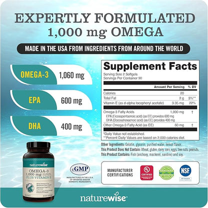NatureWise High-Potency 1000mg Omega 3 600mg EPA 400mg DHA Vitamin E 180ct & 1000mcg Vitamin B12 150 Softgels Supplement Bundle