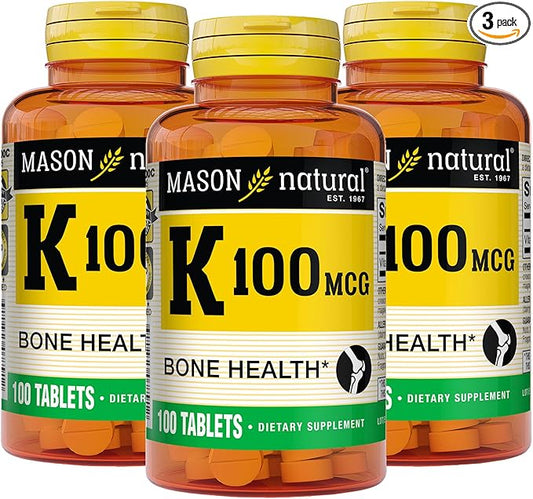 MASON NATURAL Vitamin K 100 mcg, Supports Bone & Joint Health, Helps Calcium Absorption, 100 Tablets, Pack of 3