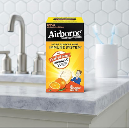Airborne Vitamin C 1000mg (per Serving) - Citrus Chewable Tablets (96 Count in a Box), Gluten-Free Immune Support Supplement with Vitamins A C E, Zinc, Selenium, Echinacea, Ginger, Antioxidants