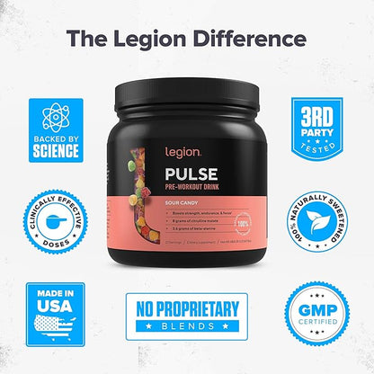 LEGION- All Natural Nitric Oxide Preworkout Drink to Boost Energy, Creatine Free, Naturally Sweetened, Beta Alanine, Citrulline, Alpha GPC (Sour Candy)