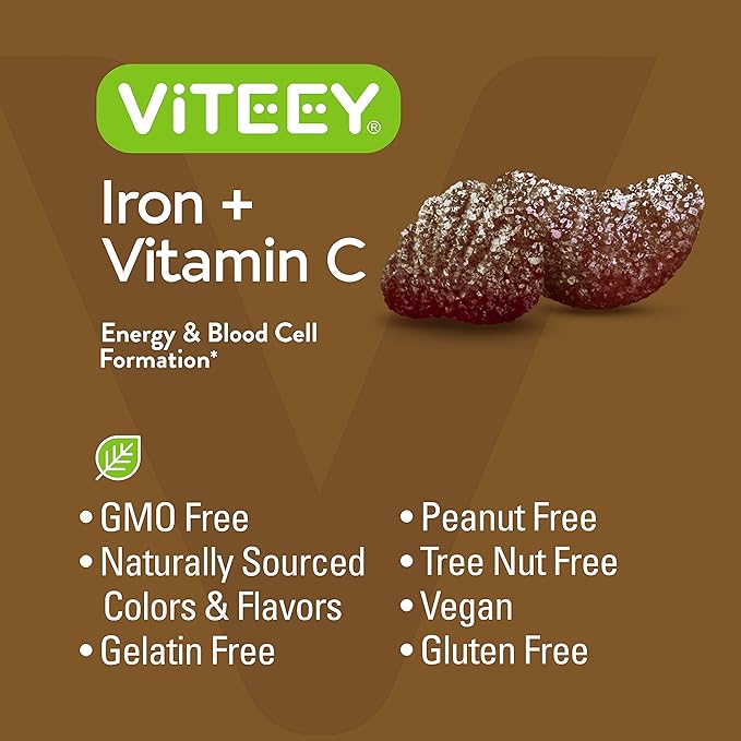 VITEEY Iron Gummies 20mg + Vitamin C 26mg for Iron Deficiency and Anemia, Supports Energy, Blood Cell Formulation, Blood Builder, Vegan Supplements, Gluten Gelatin and GMO Free, Chewable Grape Chews
