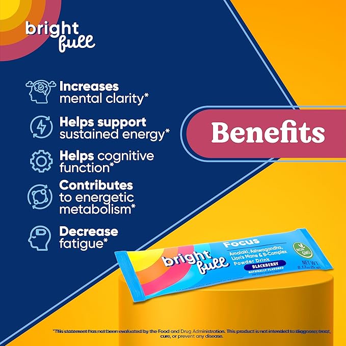 Focus Sugar Free Dietary Supplement Drink Mix with Ashwagandha, Lion’s Mane, B Vitamins B1 B2 B3 B5 B6 B12, for Cognitive Performance & Clarity BlackBerry, 21 Day Supply