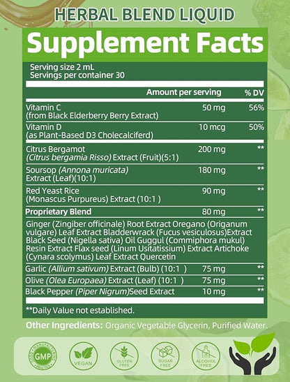 Citrus Bergamot Liquid Drops - Natural Supplement with Soursop, Red Yeast Rice, Garlic, Olive Leaf, Black Pepper - High Absorption - Support Overall Wellness* - Soursop Bitters Liquid, 2 Fl Oz