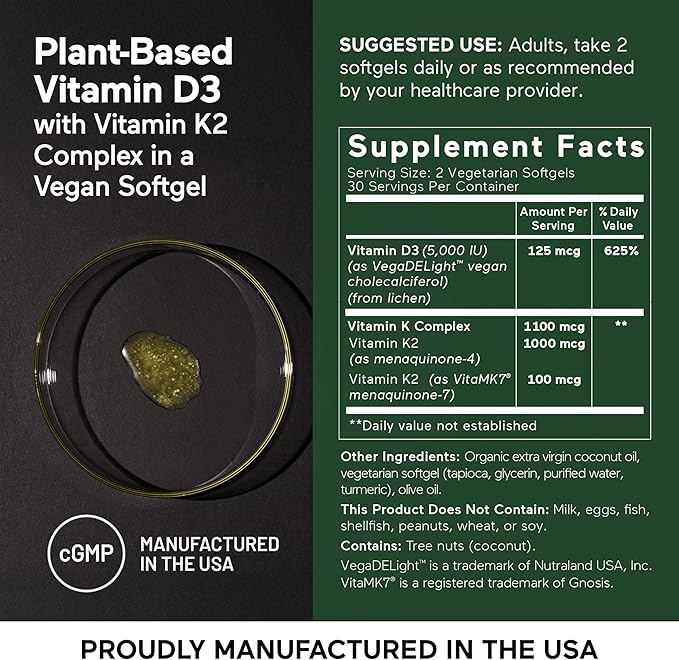 SMARTERNUTRITION Smarter Nutrition Vegan Vitamin D3 5000 IU + Natural Vitamin K2 1100 mcg in Organic Coconut & Olive Oil - D3 K2 Supplement for Immune & Bone Support - 180 Softgels[90 Day Supply]