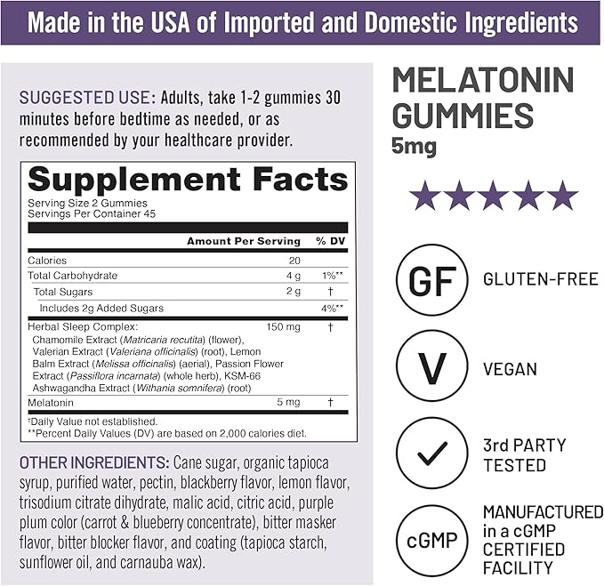 NatureWise Melatonin Gummies 5mg - Non-Habit Forming Sleep Support Supplement with Ashwagandha, Valerian Root - BlackBerry-Lemon Flavor - Vegan, Gluten Free, Non-GMO - 90 Count[45-Day Supply]