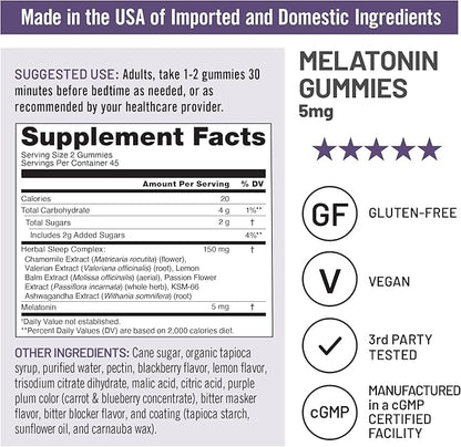 NatureWise Melatonin Gummies 5mg - Non-Habit Forming Sleep Support Supplement with Ashwagandha, Valerian Root - BlackBerry-Lemon Flavor - Vegan, Gluten Free, Non-GMO - 90 Count[45-Day Supply]