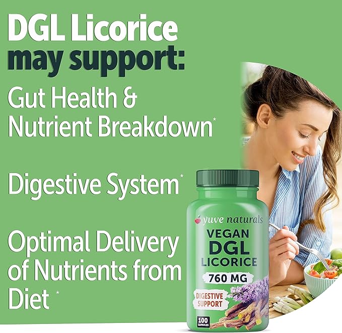 Yuve Vegan DGL Licorice 760mg - Ultra Pure Deglycyrrhizinated Licorice Root Capsules Supplement - Support Stomach, Gut & Intestinal Relief - Natural Acid Reflux Formula - Non-GMO & Gluten Free - 100ct