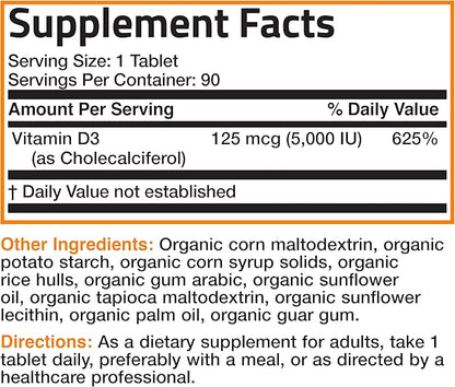 Bronson Vitamin D3 5000 IU Certified Organic Vitamin D Supplement, Non-GMO, USDA Certified, 90 Tablets