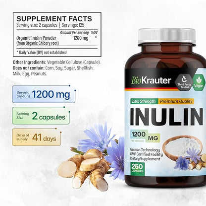 BIO KRAUTER Inulin Powder Capsules - 1200 mg Strength - 250 Count - Pure Soluble Fiber Supplements - Chicory Root Fiber Capsules for Digestive Support - Vegan