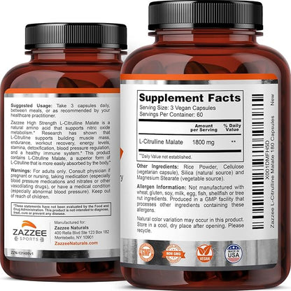 Zazzee High Strength L-Citrulline Malate, 1800 mg per Serving, 180 Vegan Capsules, 60 Day Supply, High Absorption with Superior Free-Form Malate, 100% Vegetarian, All-Natural and Non-GMO