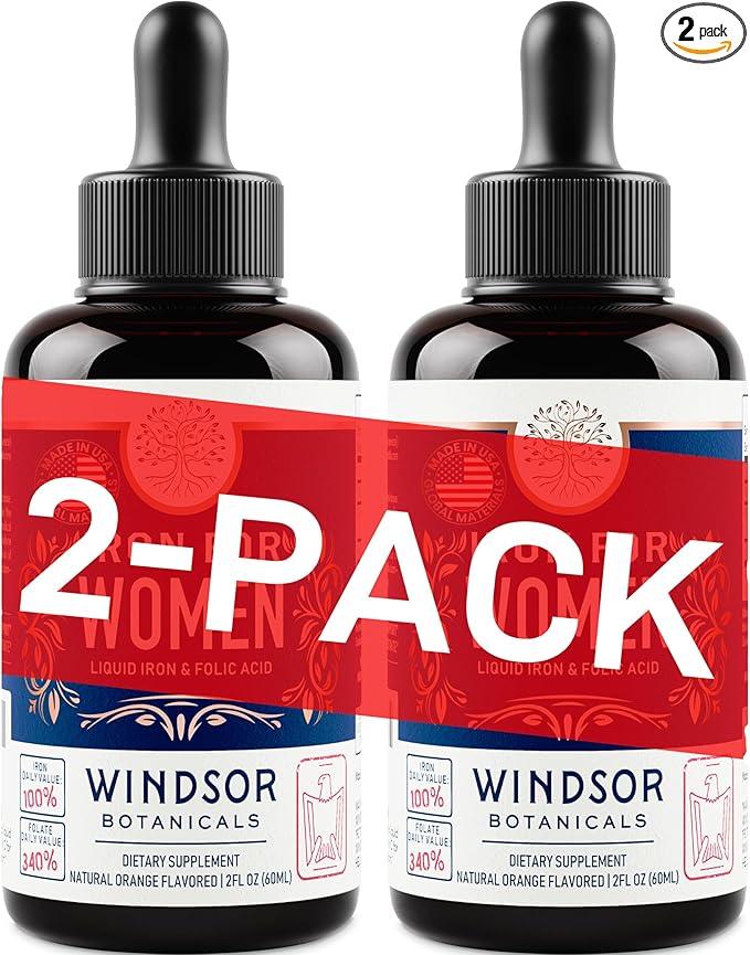 Liquid Iron Supplement for Women 2-Pack - Folic Acid, Vitamin C, Vegan Liquid Iron Supplements for Anemia, Menstruation, Pregnancy Support - Drops Orange Flavor - 2x2oz