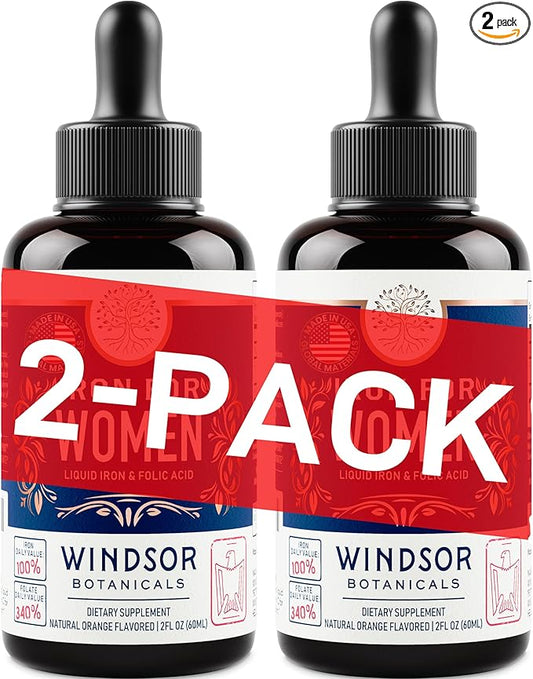 Liquid Iron Supplement for Women 2-Pack - Folic Acid, Vitamin C, Vegan Liquid Iron Supplements for Anemia, Menstruation, Pregnancy Support - Drops Orange Flavor - 2x2oz