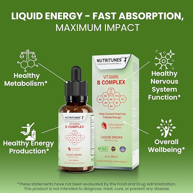 Liquid Vitamin B Complex – High-Potency and Complete B-Vitamin Drops for Energy, Metabolism, and Nervous System Support – Strawberry Flavored, Non-GMO, Sugar-Free – 60 Servings (2oz)