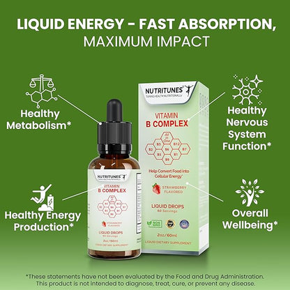 Liquid Vitamin B Complex – High-Potency and Complete B-Vitamin Drops for Energy, Metabolism, and Nervous System Support – Strawberry Flavored, Non-GMO, Sugar-Free – 60 Servings (2oz)