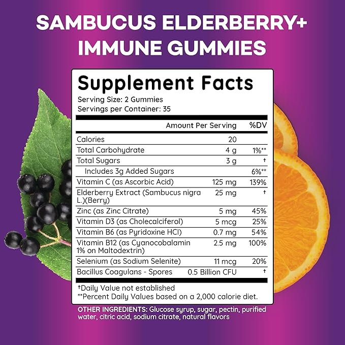 Elderberry Gummies Immune Support, Daily Support for Kids and Adults*, with Sambucus Elderberry, Zinc, Vitamin C, D3, B6, B12, Plus - Dietary Supplement - 140 Count