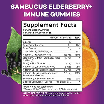 Elderberry Gummies Immune Support, Daily Support for Kids and Adults*, with Sambucus Elderberry, Zinc, Vitamin C, D3, B6, B12, Plus - Dietary Supplement - 70 Count