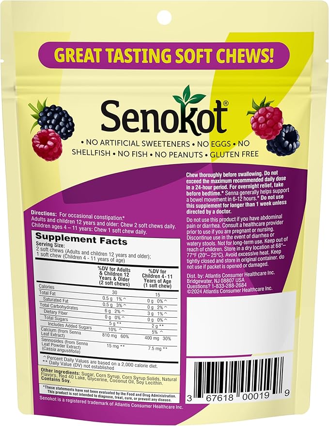 Senokot Laxative Soft Chews, Overnight Constipation Relief with Senna Extract, 42 Mixed Berry Chews