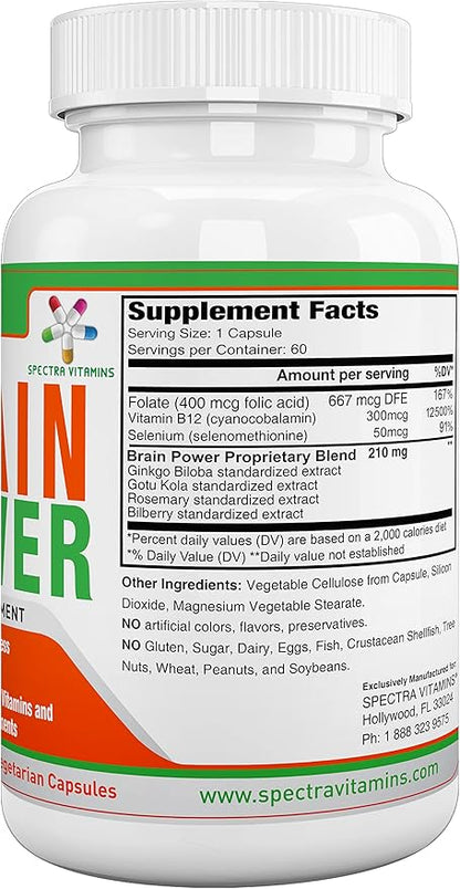 Spectra Vitamins Brain Power, Supports Focus, Nootropics, Improves Memory, Alertness for Men & Women, Ginkgo Biloba, Gotu Kola, 60 Capsules,