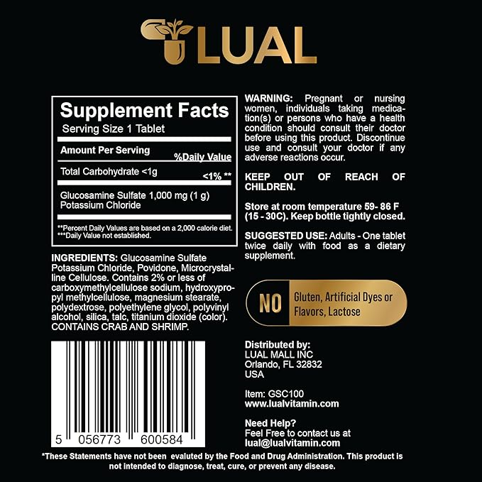 LUAL Glucosamine Sulfate Potassium Chloride Tablets Dietary Supplement for Inflammation, Glucosamina para las Articulaciones, Glucosamine Sulfate 1000 mg 200 Count