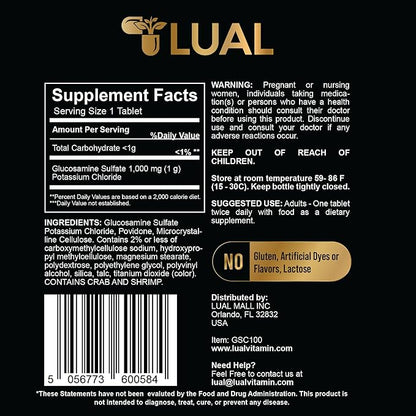 LUAL Glucosamine Sulfate Potassium Chloride Tablets Dietary Supplement for Inflammation, Glucosamina para las Articulaciones, Glucosamine Sulfate 1000 mg 200 Count