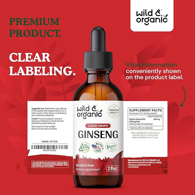 Wild & Organic Korean Red Ginseng Extract Drops - Panax Ginseng Supplement for Immune Support - Liquid Root Tincture for Overall Well-Being - Vegan, Sugar & Alcohol-Free - 2 fl oz