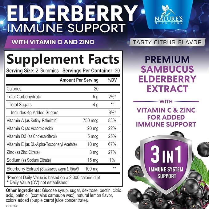 Sambucus Elderberry Immune Gummies, Daily Elderberry Immune Support Vitamins with Vitamin C, Vitamin D3, Zinc, Immune Support Gummy Vitamin Supplement, Black Elder berry for Adult & Kid - 60 Gummies