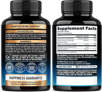 Calcium Supplement for Women - Calcium 1200 mg with Vitamin D3 & K2 - Bone Health, Strength & Density - High Absorption, Slow Release - Made in USA - Citrate & Carbonate Form - 180 Tablets for 2 Month