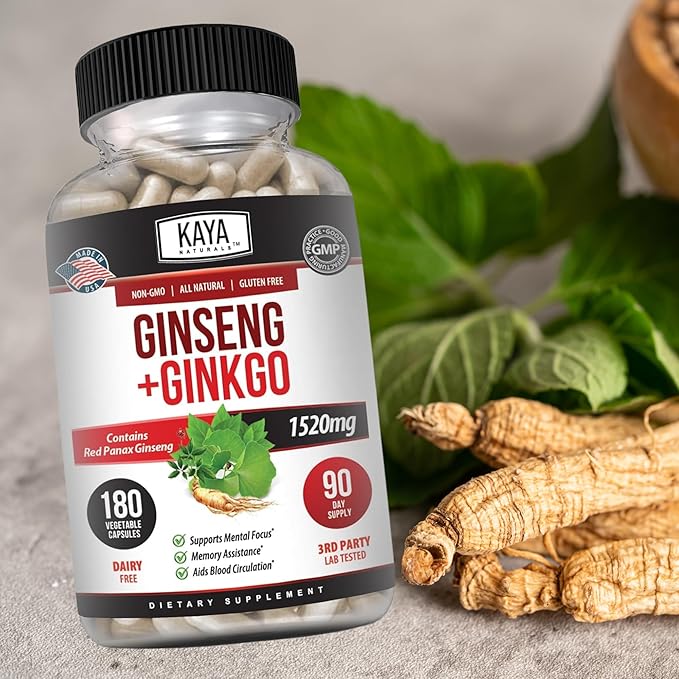 Kaya Naturals Red Panax Ginseng + Ginkgo Biloba - Nootropic Brain Supplement - Cognitive and Concentration Support - Brain Booster, Focus, and Memory Supplement - 180 Capsules
