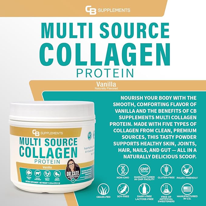 Multi Collagen Protein – Hydrolyzed Collagen for Joint, Skin, Gut, Hair & Nail Health – Vanilla Flavored Powder with Types I, II, III, V & X – Grass-Fed & Clean – 58 Servings