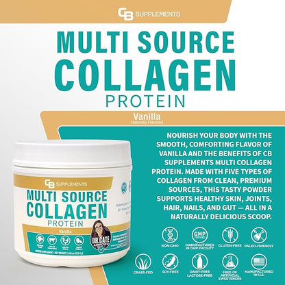 Multi Collagen Protein – Hydrolyzed Collagen for Joint, Skin, Gut, Hair & Nail Health – Vanilla Flavored Powder with Types I, II, III, V & X – Grass-Fed & Clean – 58 Servings