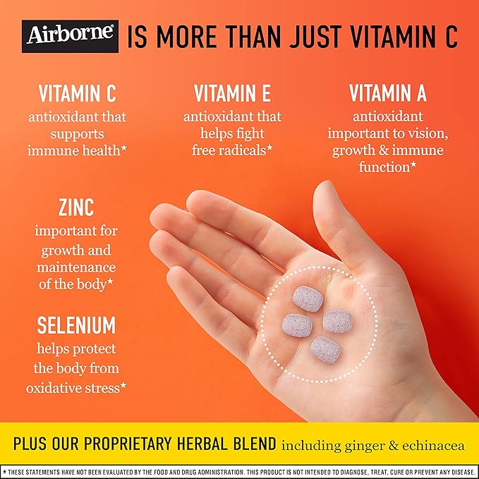 Airborne 1000mg Vitamin C Chewable Tablets Citrus & Very Berry Flavor Bundle - Immune Support Supplement with Zinc and Powerful Antioxidant Vitamins A C & E, (2x96ct bottles)*