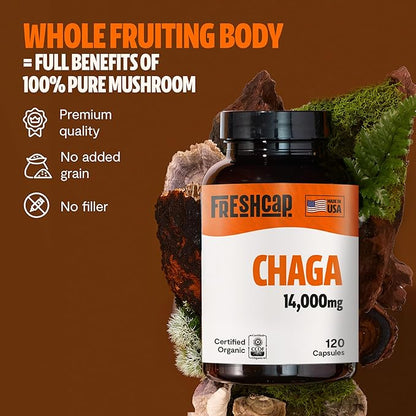 FreshCap Chaga Mushrooms Capsules 14,000mg - Chaga Mushroom Supplement, Mushroom Extract Antioxidants Supplement, Mushrooms Herbal Supplements, Ayurveda Nootropic Immunity Supplements (120 Capsules)