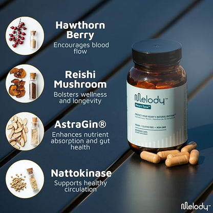 Melody Heart Health Supplements for Men & Women – Heart Tune Circulation, Blood Pressure, & Cardiovascular Health Support Supplement with Reishi, Hawthorn, Nattokinase & AstraGin, 60 Caps, 1 Pack