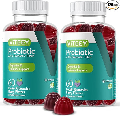 VITEEY Probiotic Gummies with Prebiotics – Gut Health Supplements for Digestive Health – 2 Billion CFUs – Vegan, Gluten-Free – 120 Count