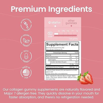 vitafive Collagen Gummies for Men and Women, Bovine Collagen, Collagen Gummy for Hair, Skin, and Connective Tissue Support, Gluten Free (50 Ct)