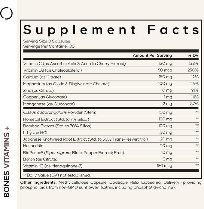 Codeage Bones Vitamins+ - Vitamin D3 & K2, Vitamin C, Calcium, Magnesium, Zinc, Hesperidin, L-Lysine, Manganese, Bamboo, Horsetail, Cissus, Boron, Trans-Resveratrol, Non-GMO Supplement - 90 Capsules