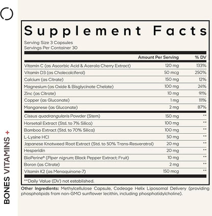 Codeage Bones Vitamins+ - Vitamin D3 & K2, Vitamin C, Calcium, Magnesium, Zinc, Hesperidin, L-Lysine, Manganese, Bamboo, Horsetail, Cissus, Boron, Trans-Resveratrol, Non-GMO Supplement - 90 Capsules