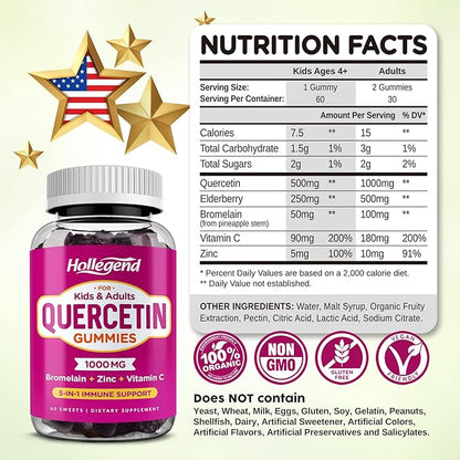 Quercetin Gummies for Kids and Adults, 1000mg Quercetin with Bromelain Vitamin C Zinc and Elderberry Supplement Organic, Chewable Gummies Vegan for Immunity Allergy Support, 60 Count